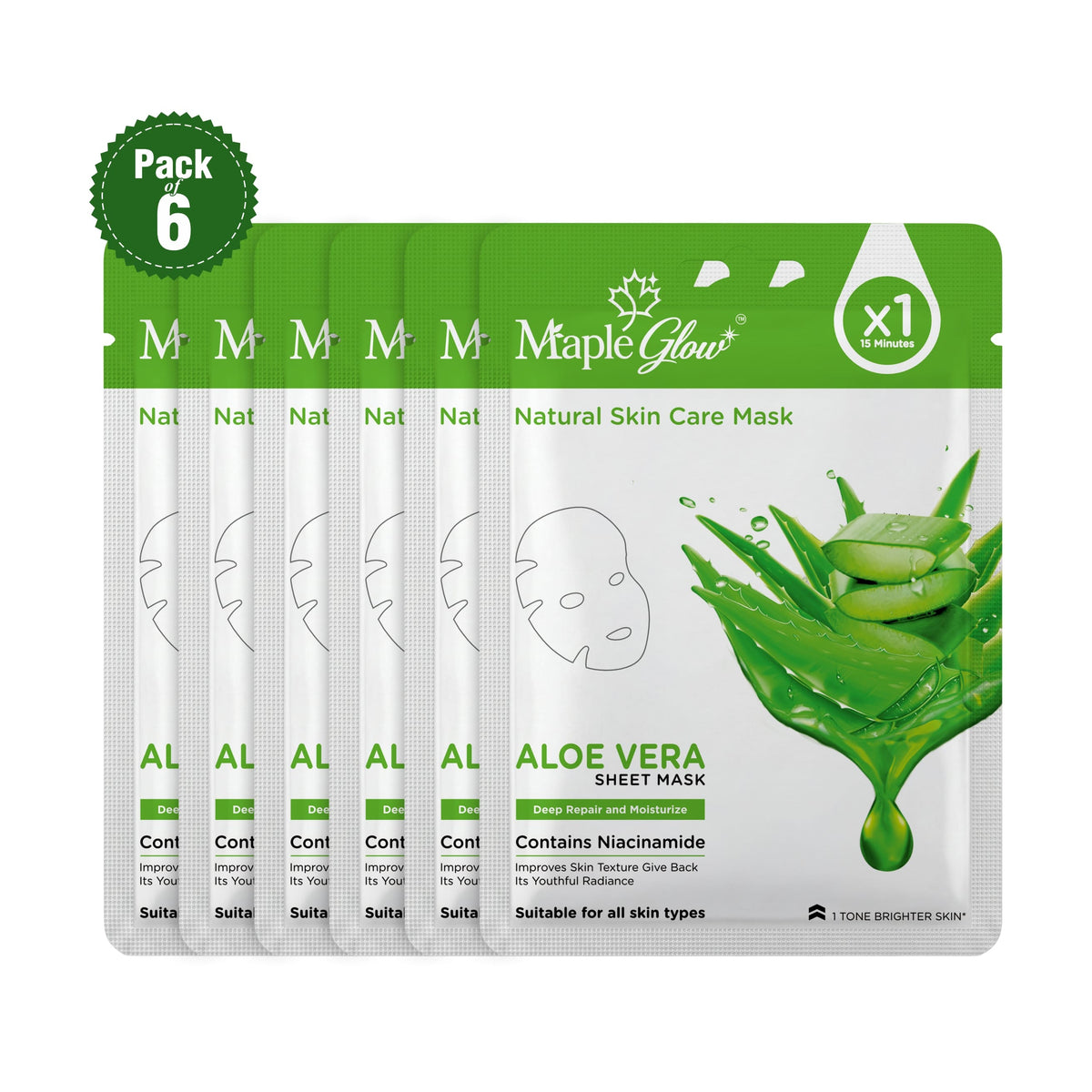 Maple Glow Aloe Vera Sheet Mask – Pack of 6 | Deep Repair & Moisturization