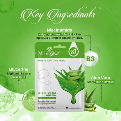Maple Glow Aloe Vera Sheet Mask – Pack of 6 | Deep Repair & Moisturization