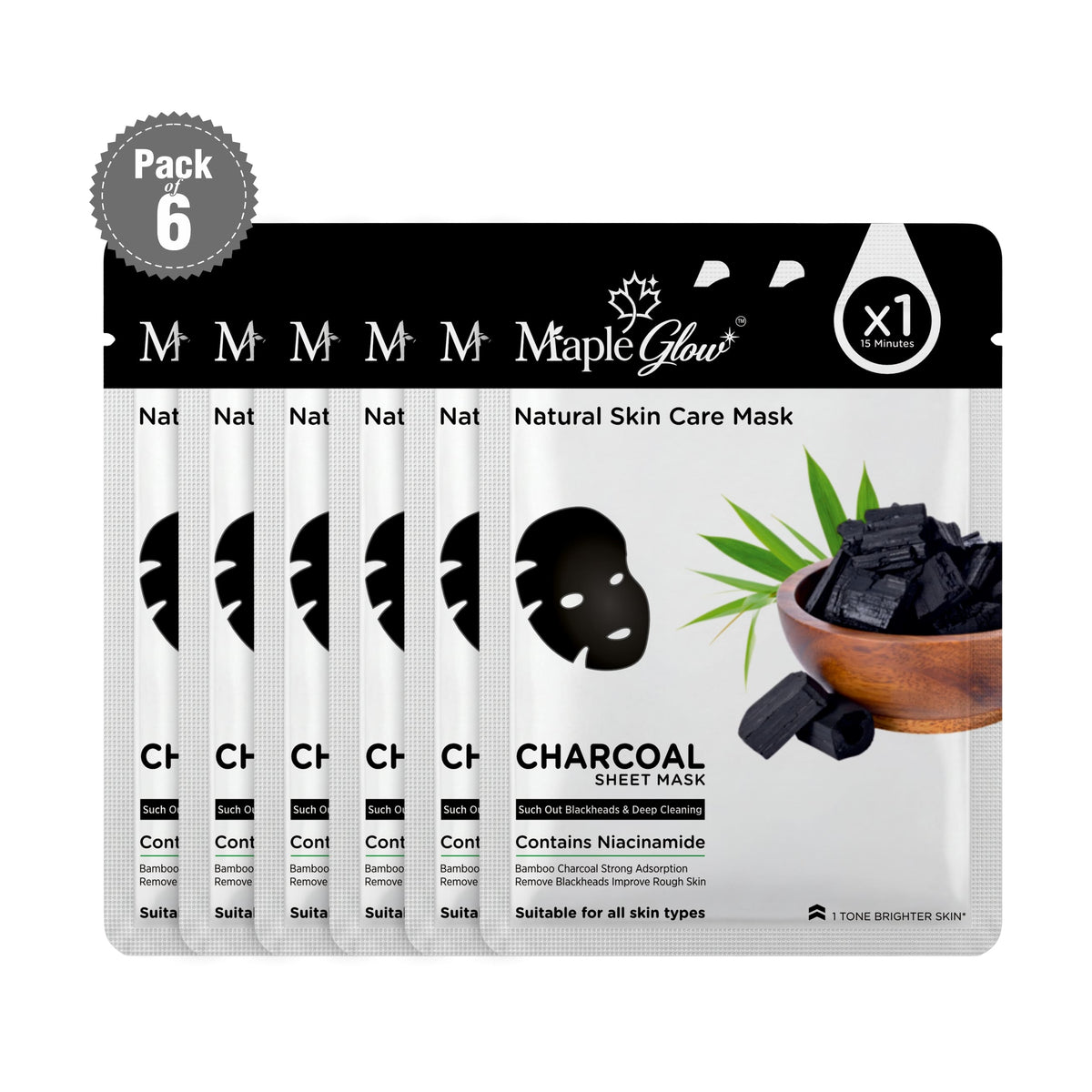Maple Glow Charcoal Sheet Mask – Pack of 6
