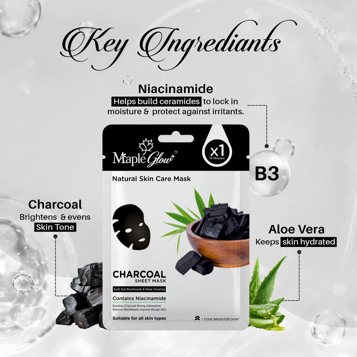 Maple Glow Charcoal Sheet Mask – Pack of 6