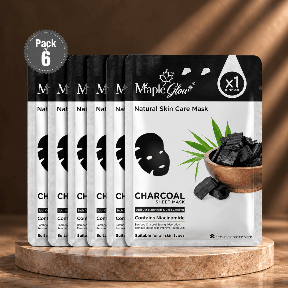 Maple Glow Charcoal Sheet Mask – Pack of 6