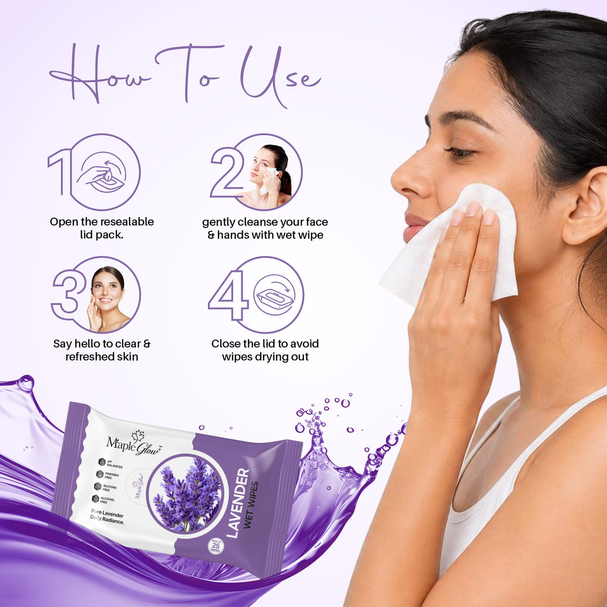 Maple Glow Lavender Face Wet Wipes – 25 Wipes