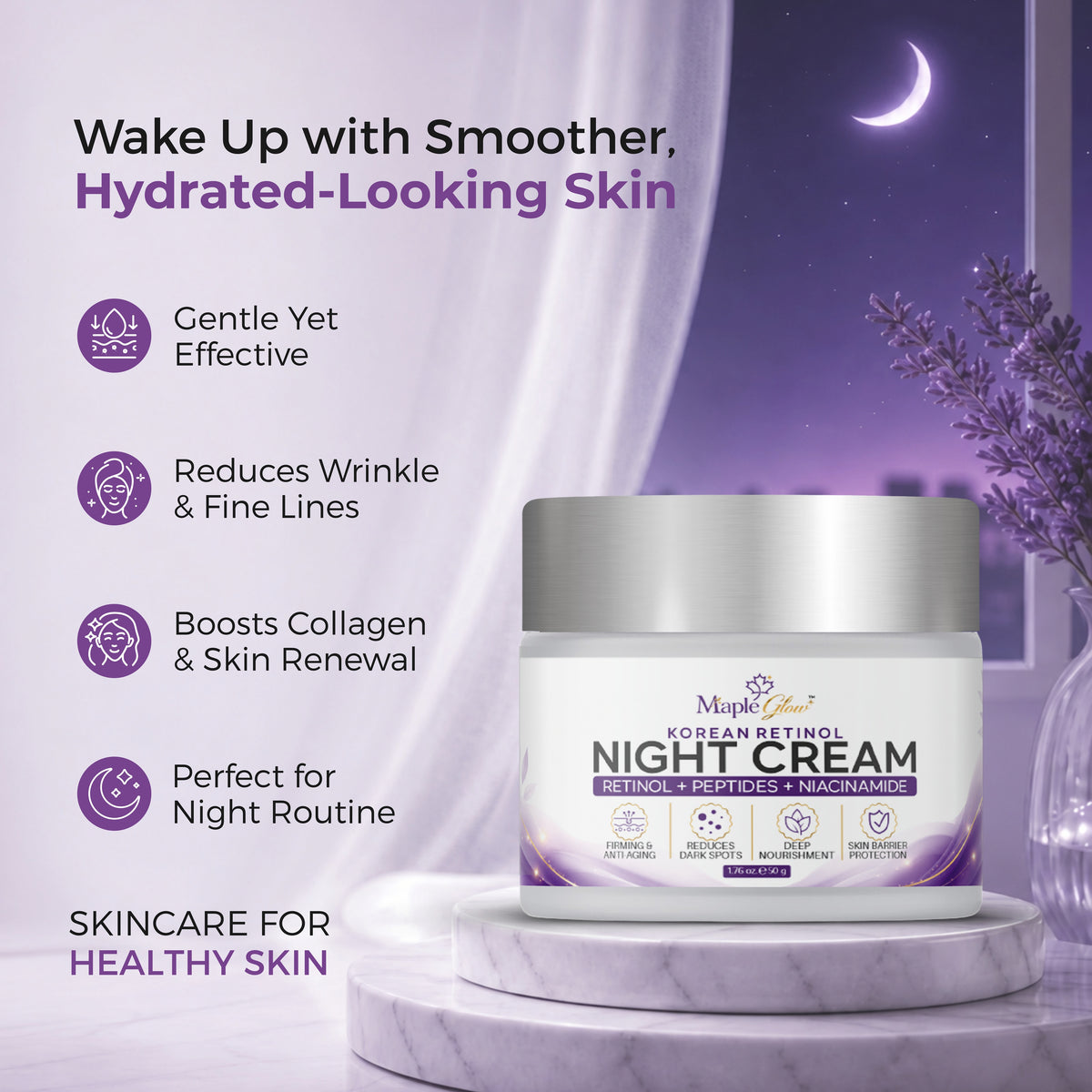 Maple Glow Korean Retinol Night Cream with Retinol, Peptides & Niacinamide