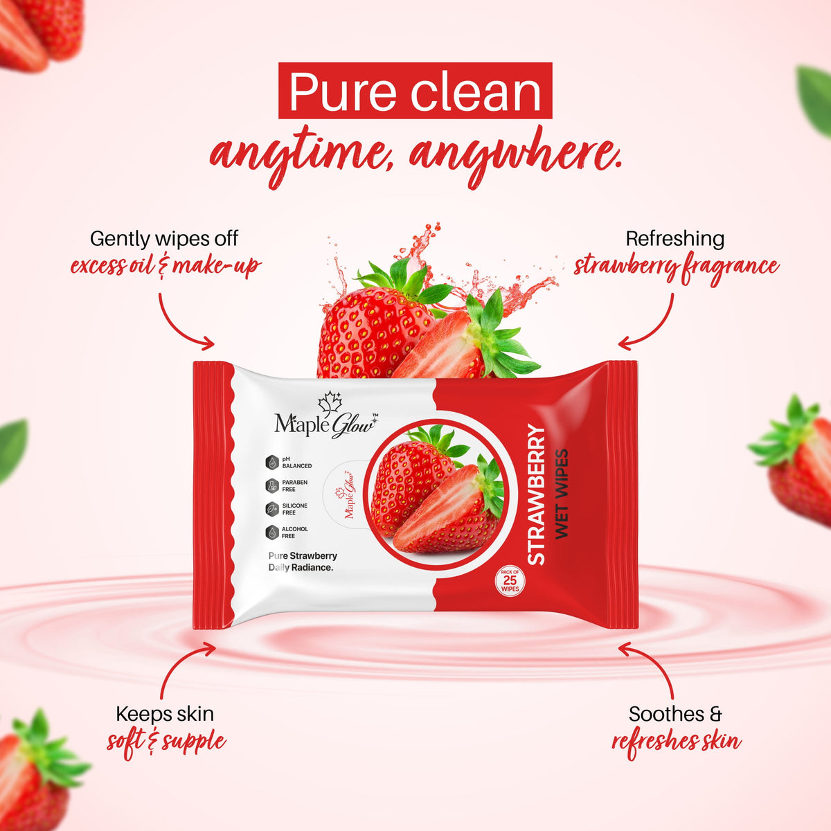 Maple Glow Strawberry Face Wet Wipes – 25 Wipes