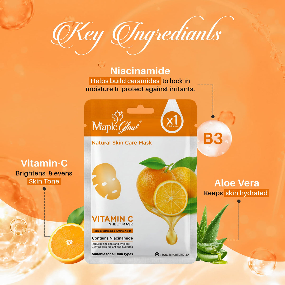 Maple Glow Vitamin C Sheet Mask – Pack of 6